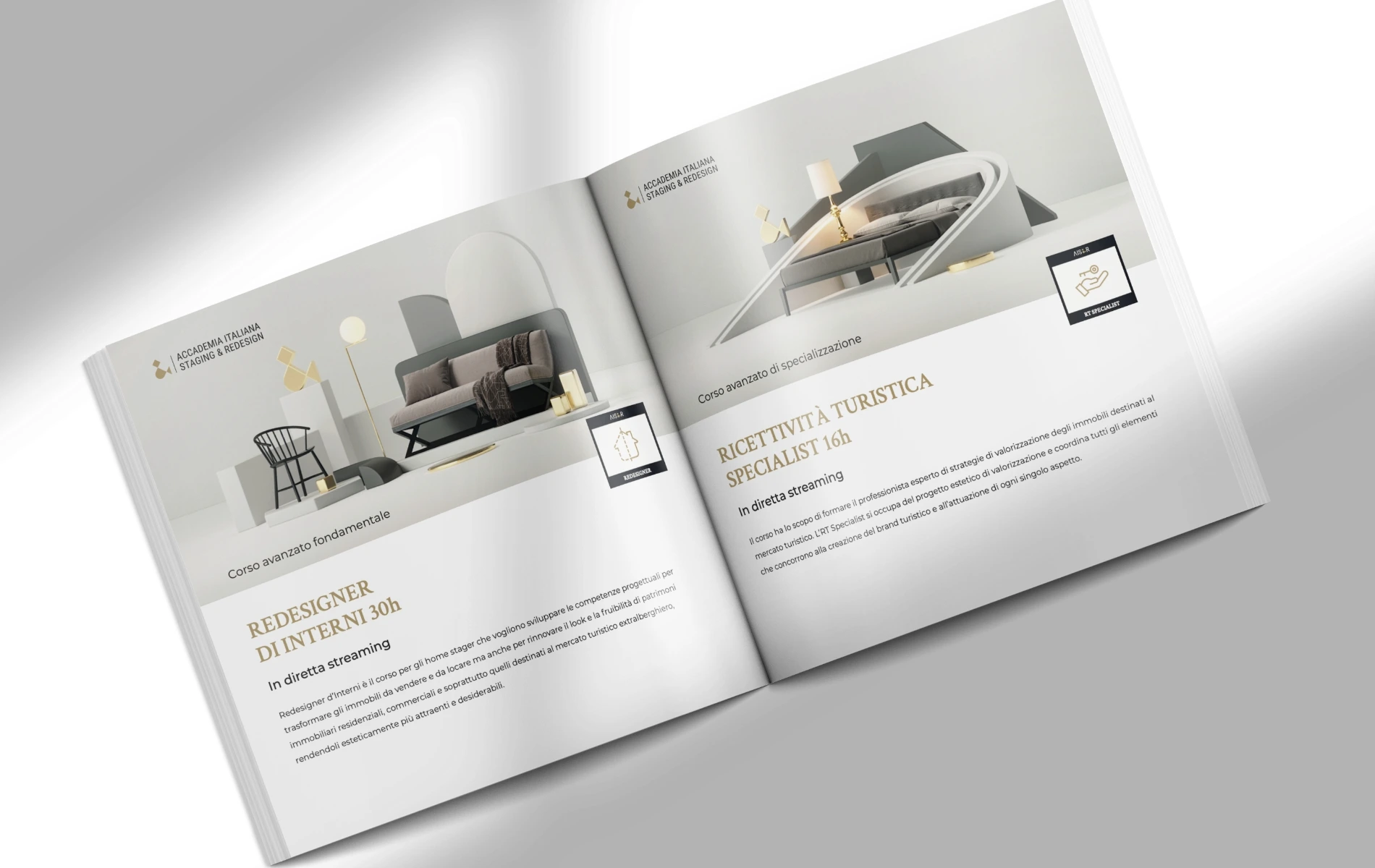 Brochure design AISER realizzata per comunicazione branding e marketing accademia home staging